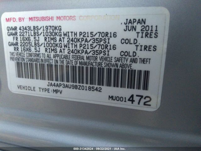 Photo 8 VIN: JA4AP3AU9BZ018542 - MITSUBISHI OUTLANDER SPORT 