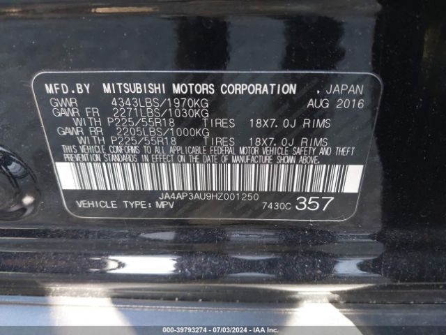 Photo 8 VIN: JA4AP3AU9HZ001250 - MITSUBISHI OUTLANDER SPORT 