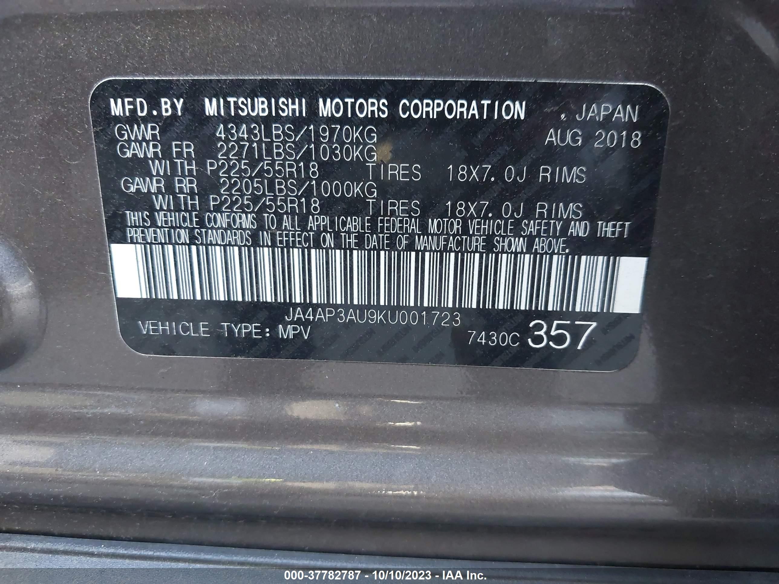 Photo 8 VIN: JA4AP3AU9KU001723 - MITSUBISHI OUTLANDER 