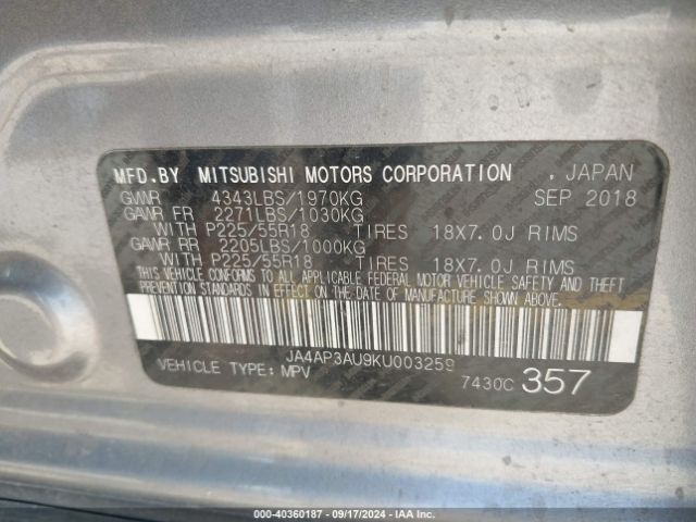 Photo 8 VIN: JA4AP3AU9KU003259 - MITSUBISHI OUTLANDER SPORT 