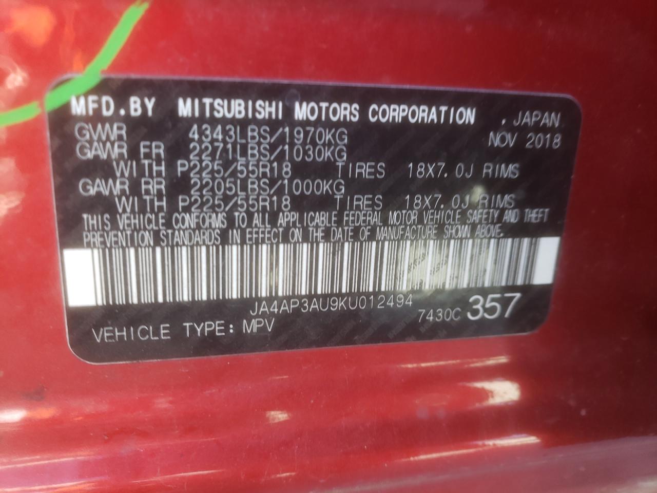 Photo 12 VIN: JA4AP3AU9KU012494 - MITSUBISHI OUTLANDER 