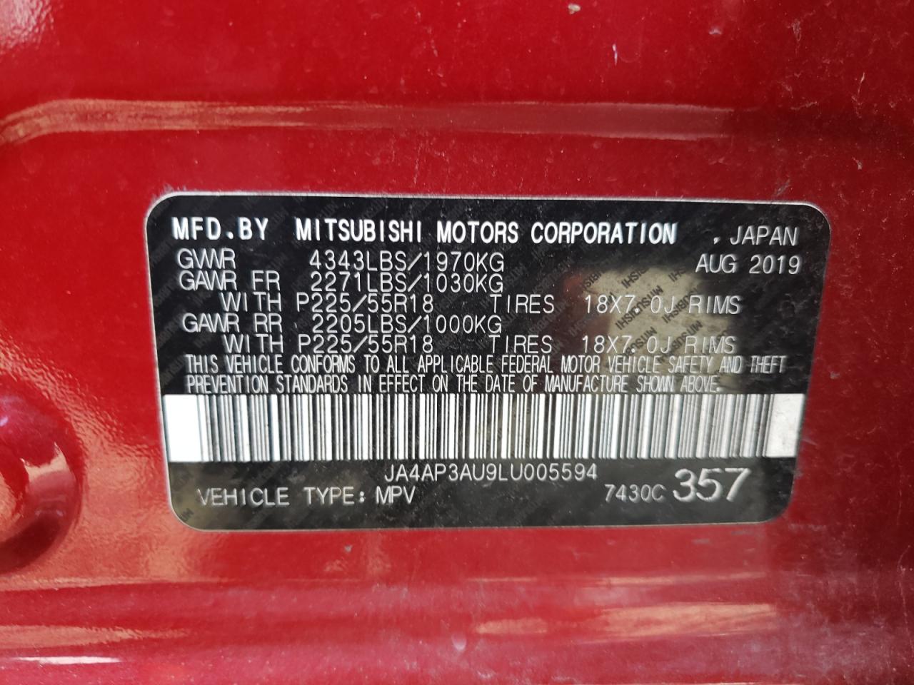 Photo 12 VIN: JA4AP3AU9LU005594 - MITSUBISHI OUTLANDER 