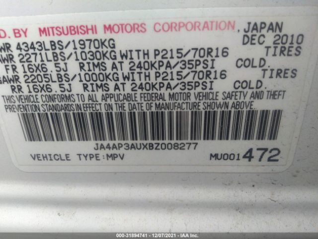 Photo 8 VIN: JA4AP3AUXBZ008277 - MITSUBISHI OUTLANDER SPORT 