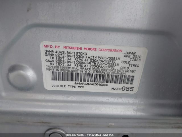 Photo 8 VIN: JA4AP3AUXGZ040850 - MITSUBISHI OUTLANDER SPORT 