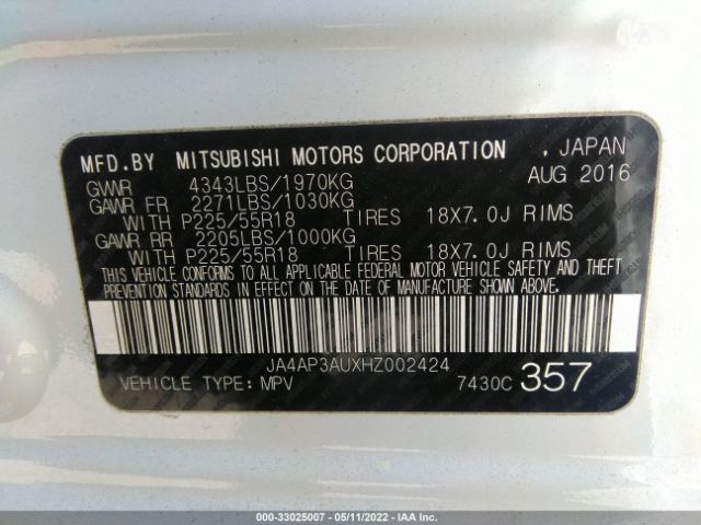 Photo 8 VIN: JA4AP3AUXHZ002424 - MITSUBISHI OUTLANDER SPORT 