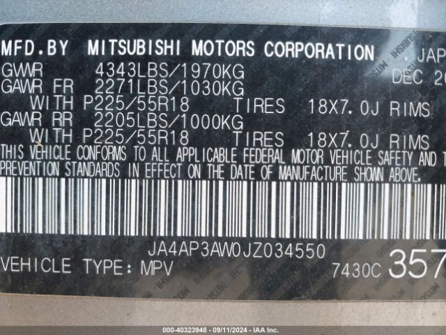 Photo 8 VIN: JA4AP3AW0JZ034550 - MITSUBISHI OUTLANDER SPORT 