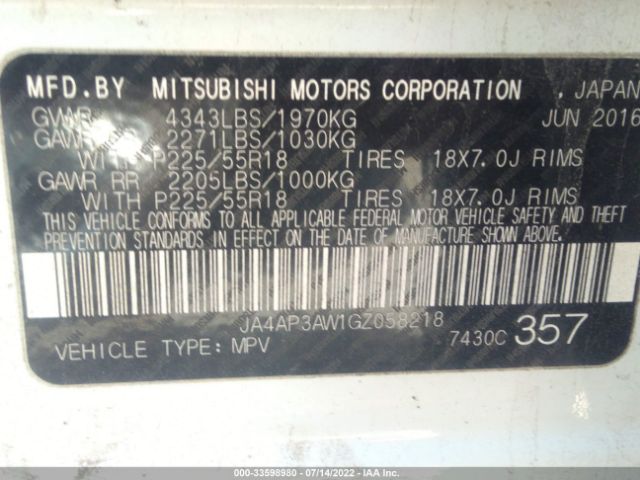 Photo 8 VIN: JA4AP3AW1GZ058218 - MITSUBISHI OUTLANDER SPORT 