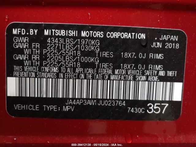 Photo 8 VIN: JA4AP3AW1JU023764 - MITSUBISHI OUTLANDER SPORT 