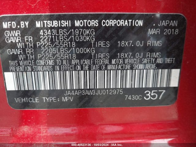 Photo 8 VIN: JA4AP3AW3JU012975 - MITSUBISHI OUTLANDER SPORT 