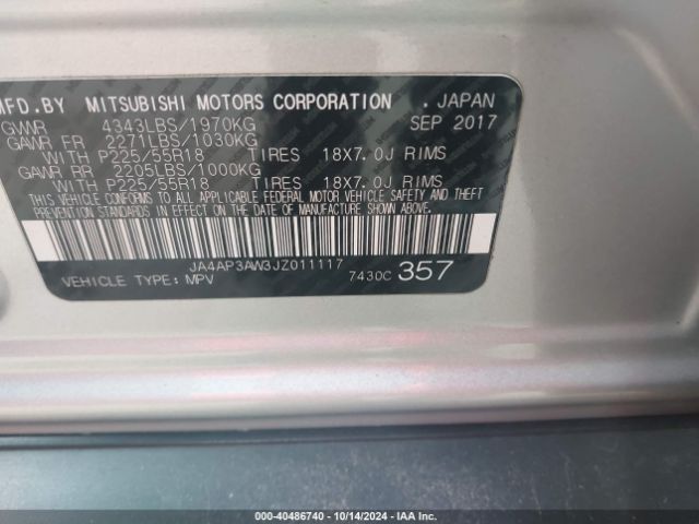 Photo 8 VIN: JA4AP3AW3JZ011117 - MITSUBISHI OUTLANDER SPORT 