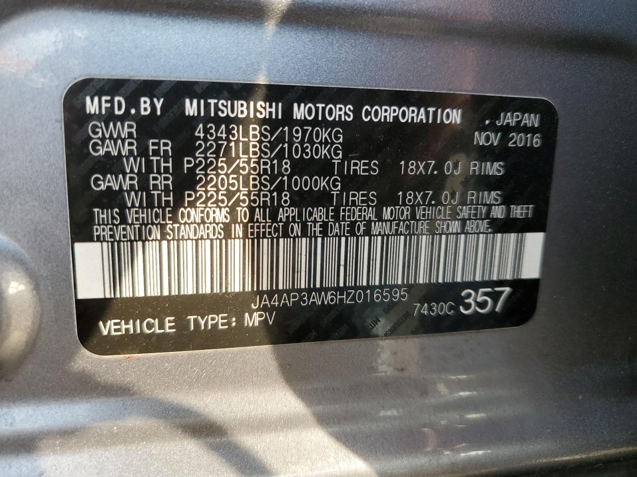 Photo 11 VIN: JA4AP3AW6HZ016595 - MITSUBISHI OUTLANDER 