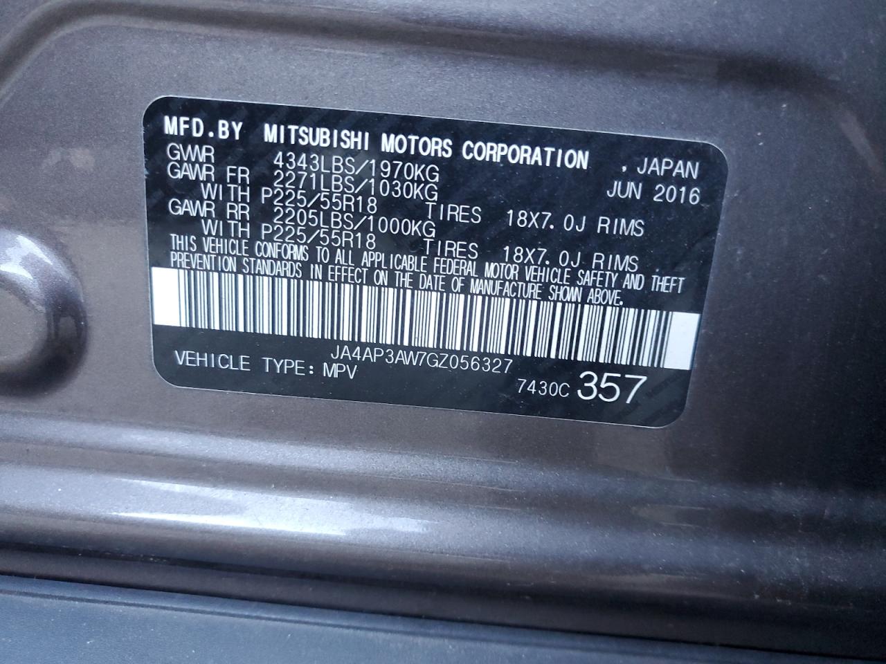 Photo 11 VIN: JA4AP3AW7GZ056327 - MITSUBISHI OUTLANDER 