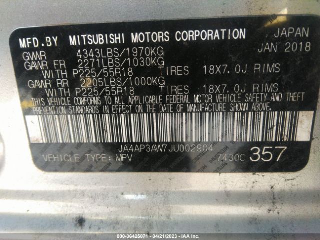 Photo 8 VIN: JA4AP3AW7JU002904 - MITSUBISHI OUTLANDER SPORT 