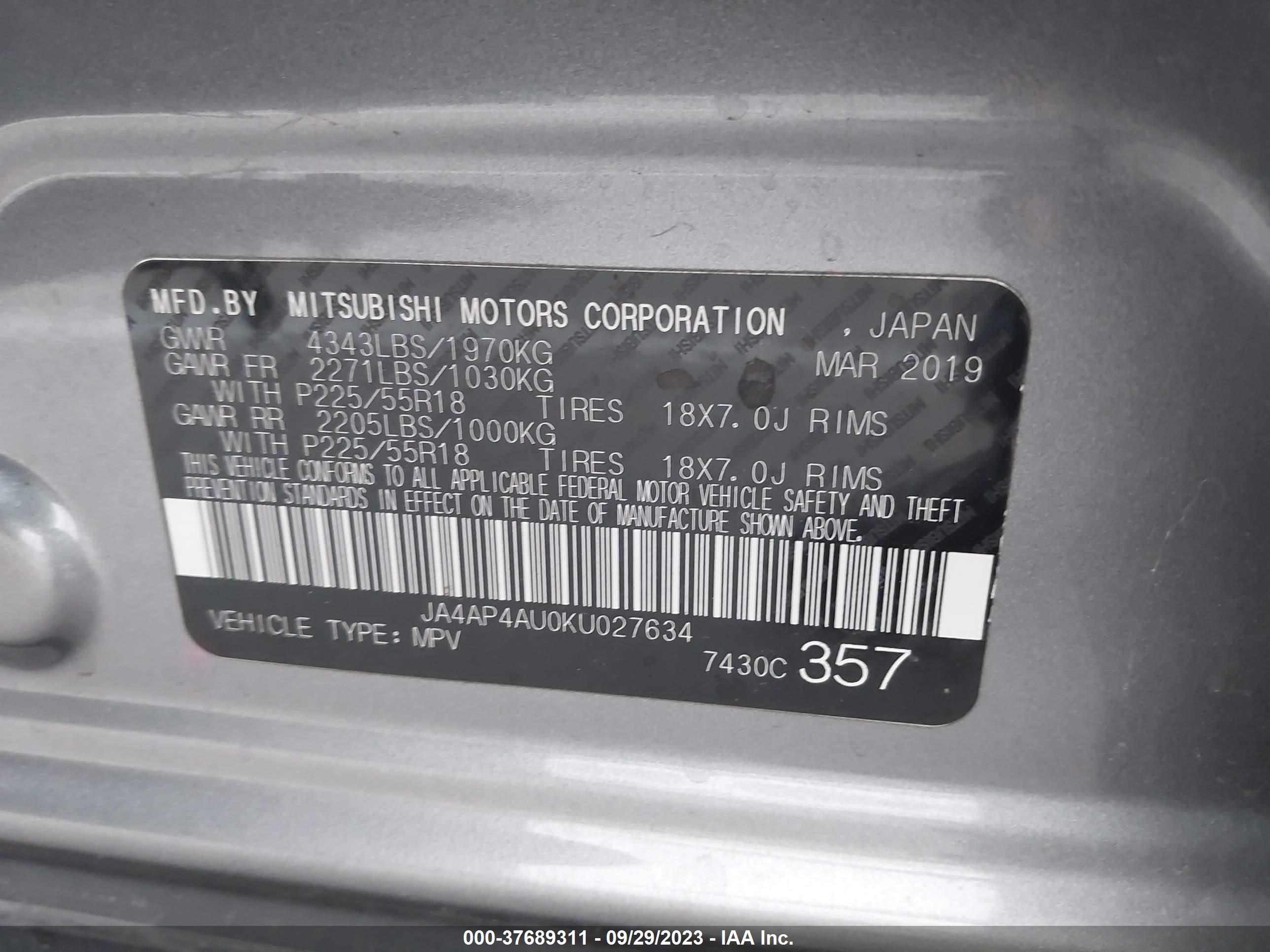 Photo 8 VIN: JA4AP4AU0KU027634 - MITSUBISHI OUTLANDER 