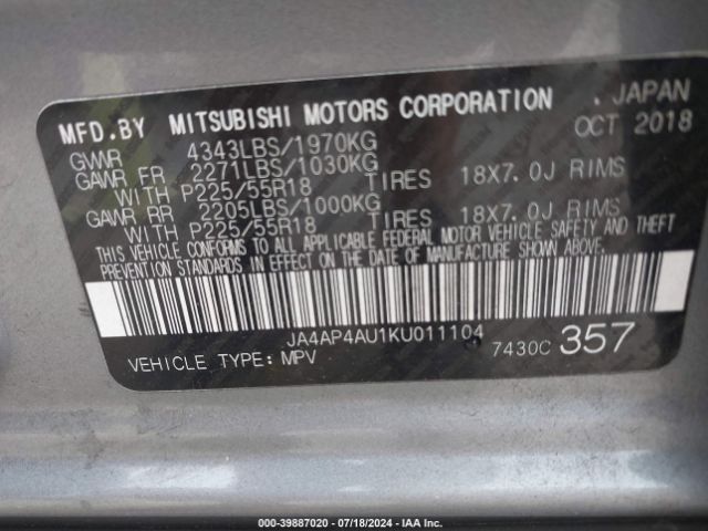 Photo 8 VIN: JA4AP4AU1KU011104 - MITSUBISHI OUTLANDER SPORT 