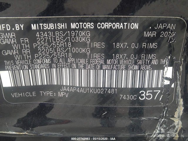 Photo 8 VIN: JA4AP4AU1KU027481 - MITSUBISHI OUTLANDER SPORT 