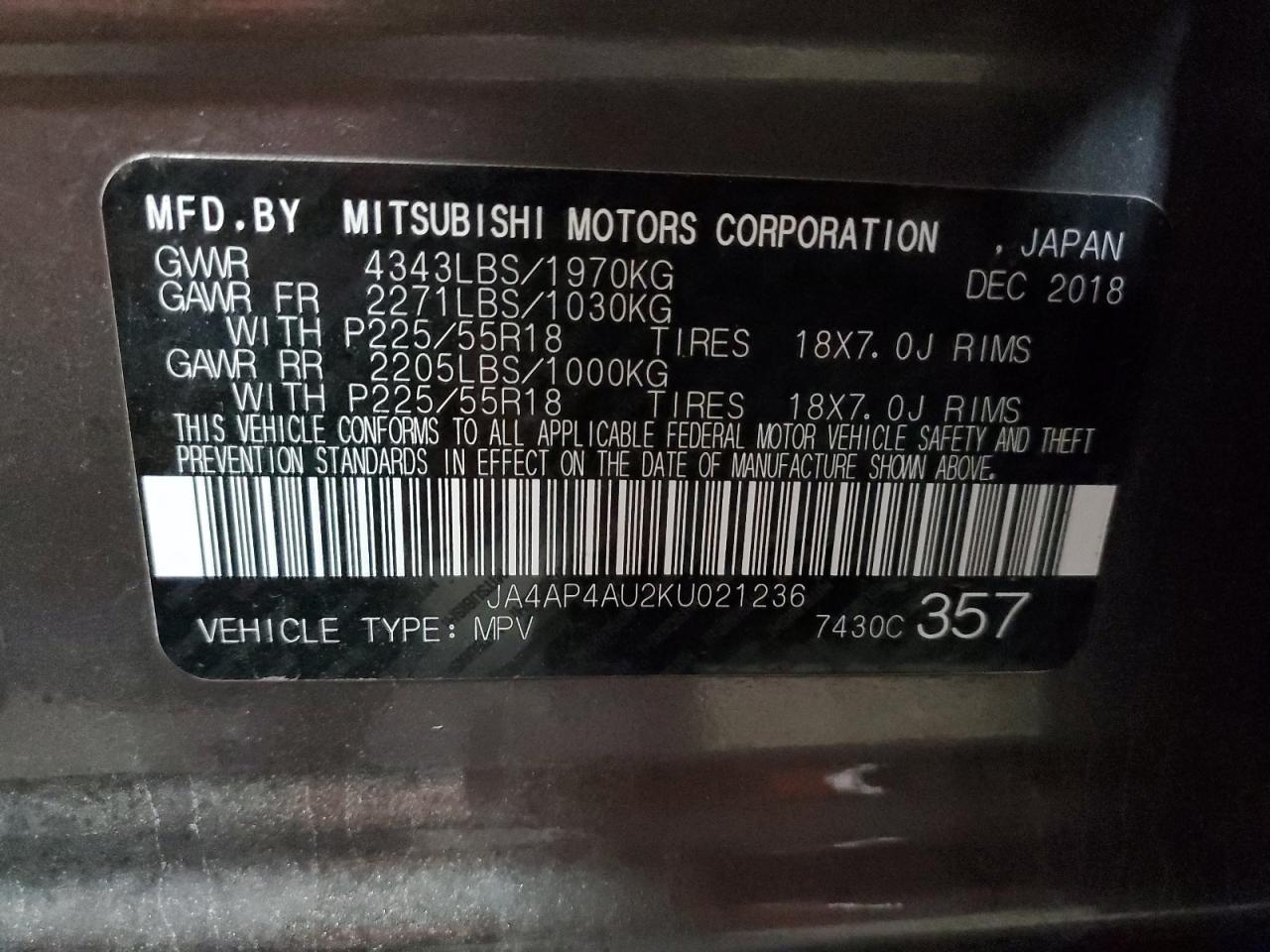 Photo 12 VIN: JA4AP4AU2KU021236 - MITSUBISHI OUTLANDER 