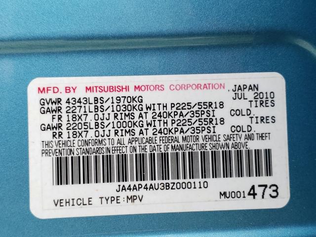 Photo 9 VIN: JA4AP4AU3BZ000110 - MITSUBISHI OUTLANDER 