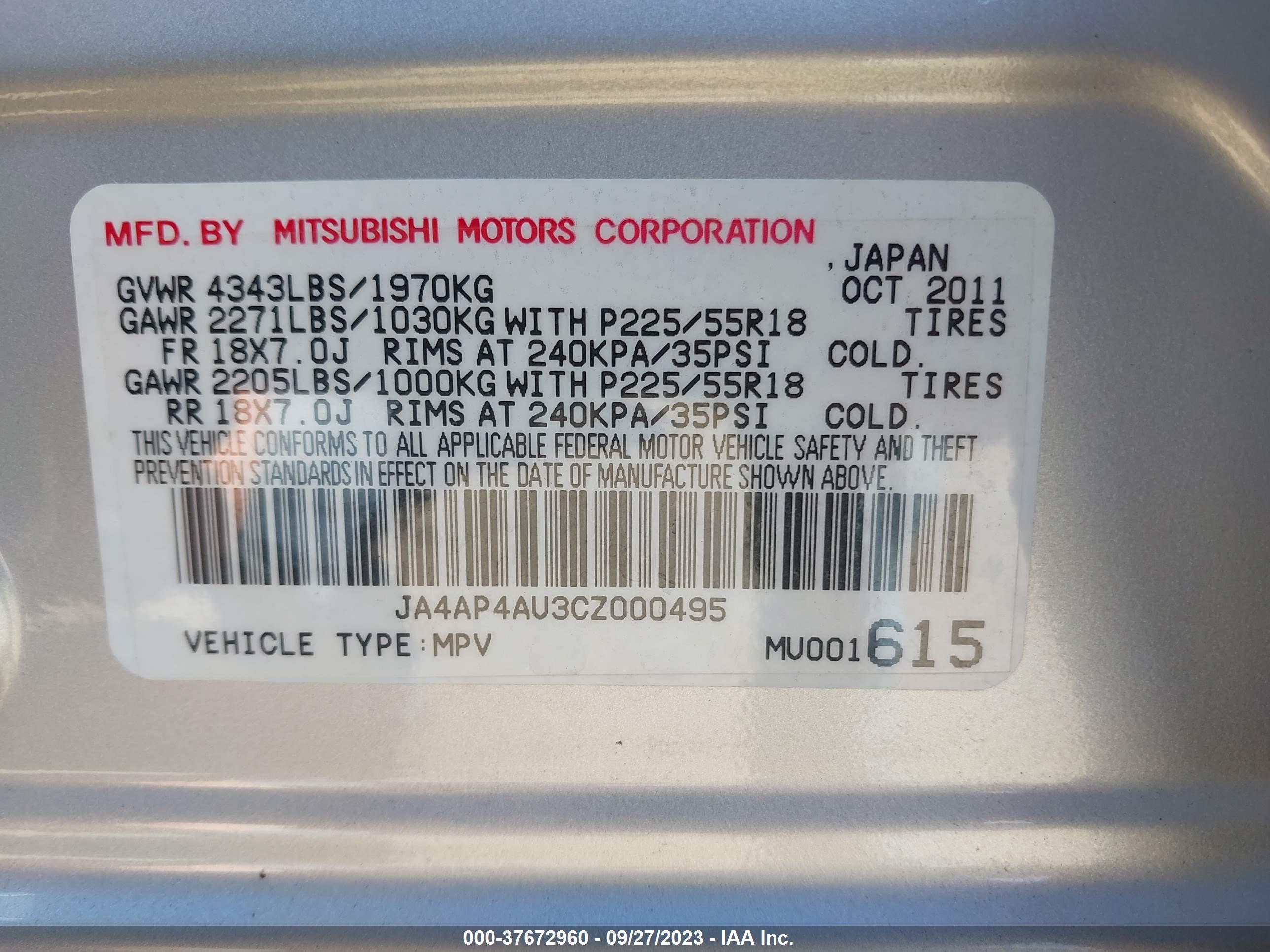 Photo 8 VIN: JA4AP4AU3CZ000495 - MITSUBISHI OUTLANDER 