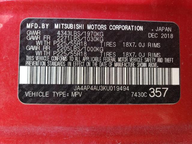 Photo 12 VIN: JA4AP4AU3KU019494 - MITSUBISHI OUTLANDER 