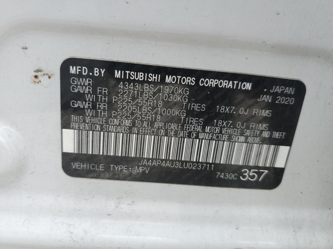 Photo 12 VIN: JA4AP4AU3LU023711 - MITSUBISHI OUTLANDER 