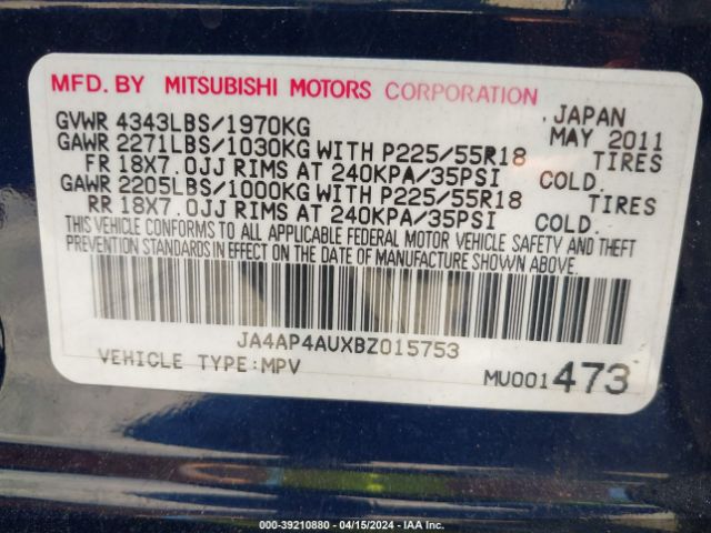 Photo 8 VIN: JA4AP4AUXBZ015753 - MITSUBISHI OUTLANDER SPORT 