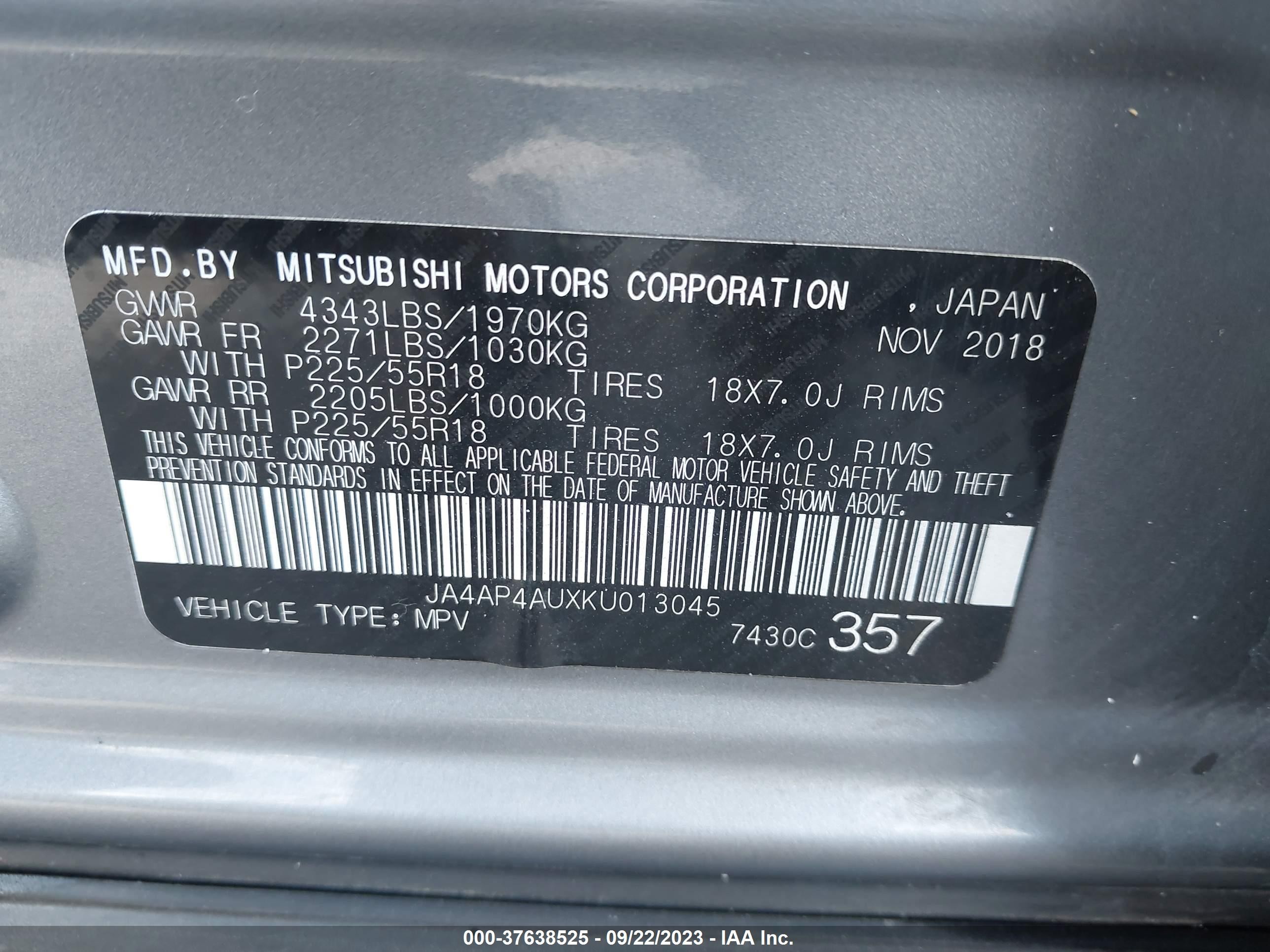 Photo 8 VIN: JA4AP4AUXKU013045 - MITSUBISHI OUTLANDER 