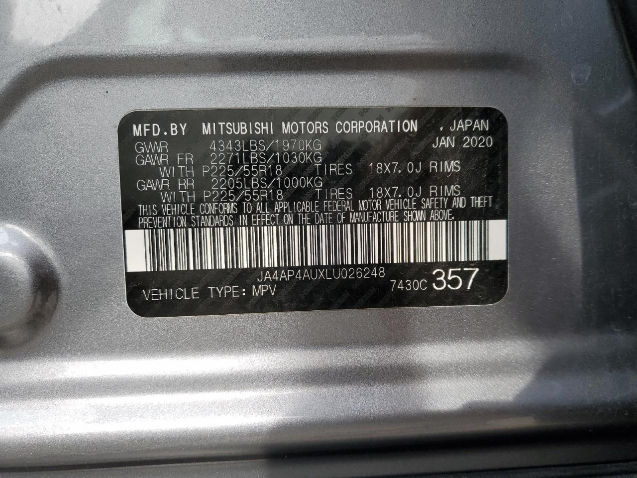 Photo 12 VIN: JA4AP4AUXLU026248 - MITSUBISHI OUTLANDER 