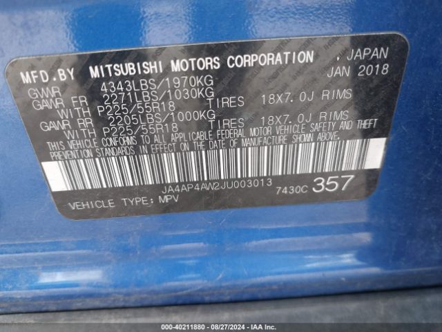 Photo 8 VIN: JA4AP4AW2JU003013 - MITSUBISHI OUTLANDER SPORT 