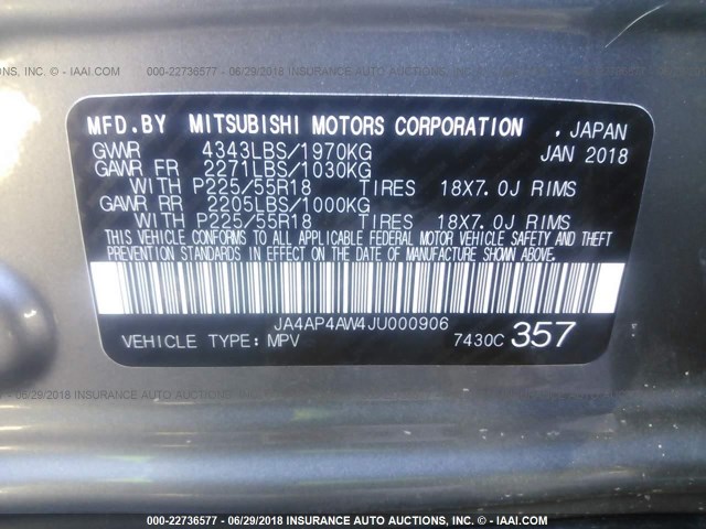 Photo 8 VIN: JA4AP4AW4JU000906 - MITSUBISHI OUTLANDER 