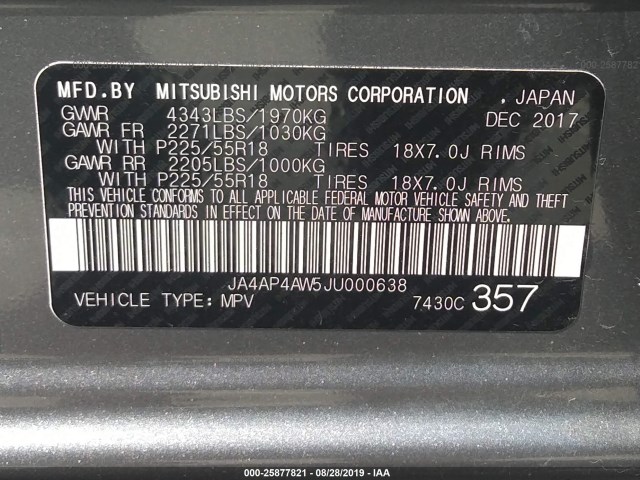 Photo 8 VIN: JA4AP4AW5JU000638 - MITSUBISHI OUTLANDER SPORT 