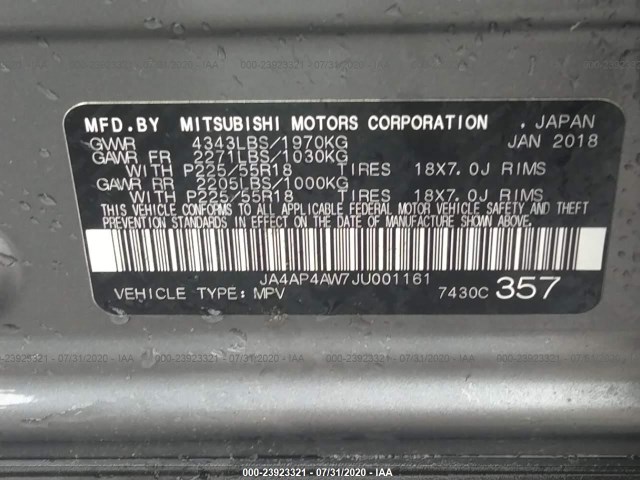 Photo 8 VIN: JA4AP4AW7JU001161 - MITSUBISHI OUTLANDER SPORT 