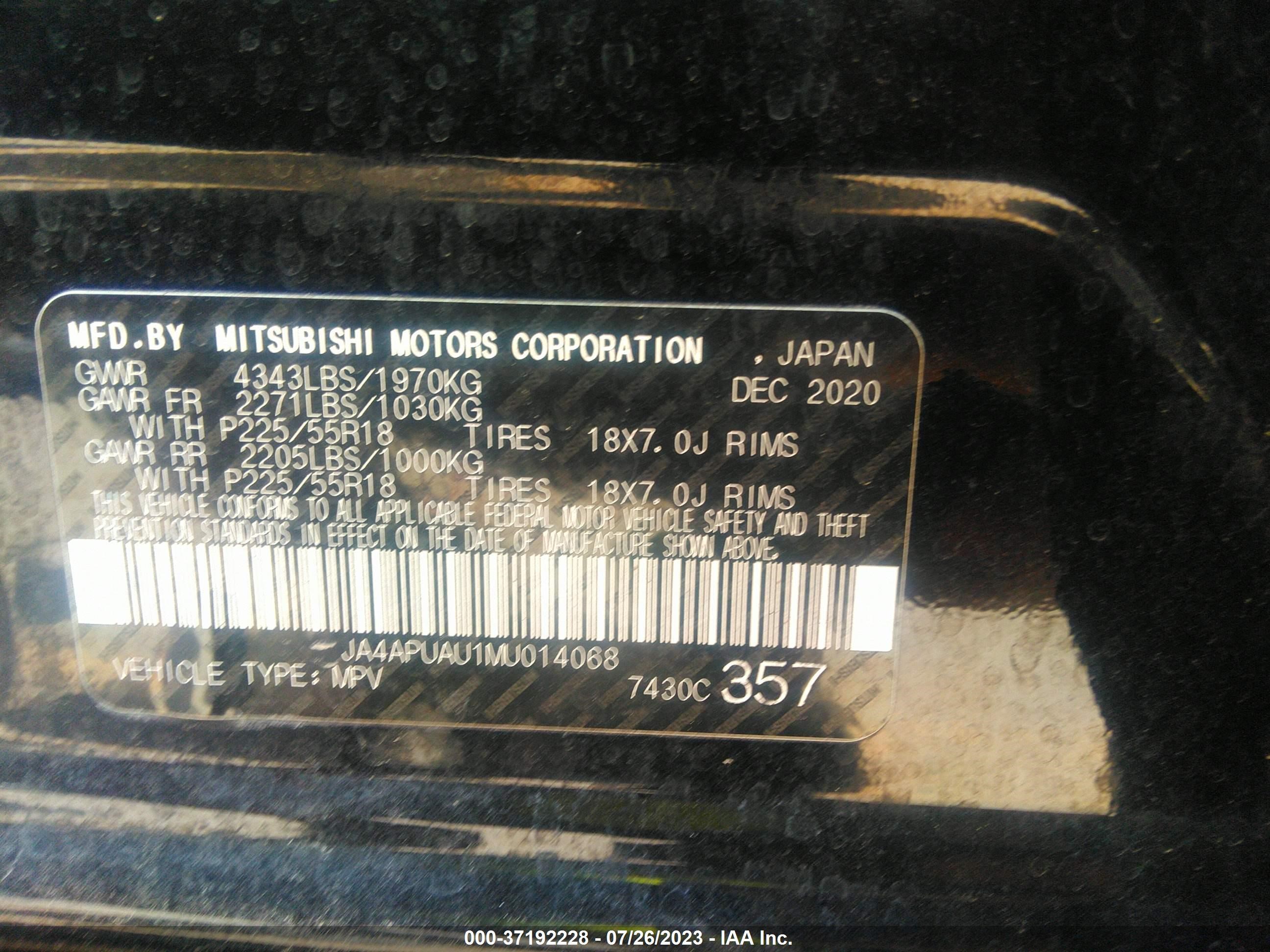 Photo 8 VIN: JA4APUAU1MU014068 - MITSUBISHI OUTLANDER SPORT 