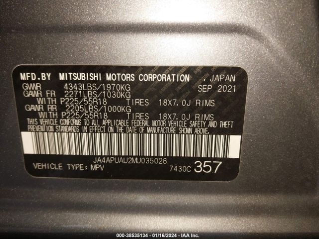 Photo 8 VIN: JA4APUAU2MU035026 - MITSUBISHI OUTLANDER SPORT 