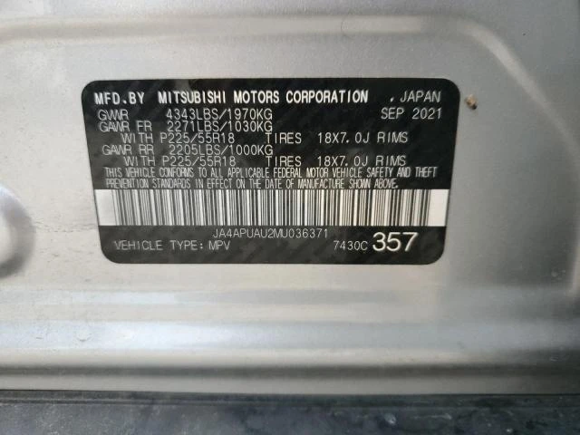 Photo 11 VIN: JA4APUAU2MU036371 - MITSUBISHI OUTLANDER 