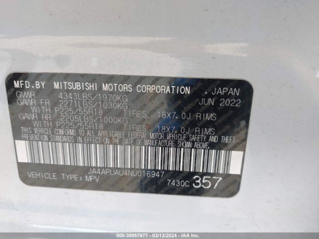 Photo 8 VIN: JA4APUAU4NU016947 - MITSUBISHI OUTLANDER SPORT 