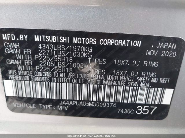 Photo 8 VIN: JA4APUAU5MU009374 - MITSUBISHI OUTLANDER SPORT 