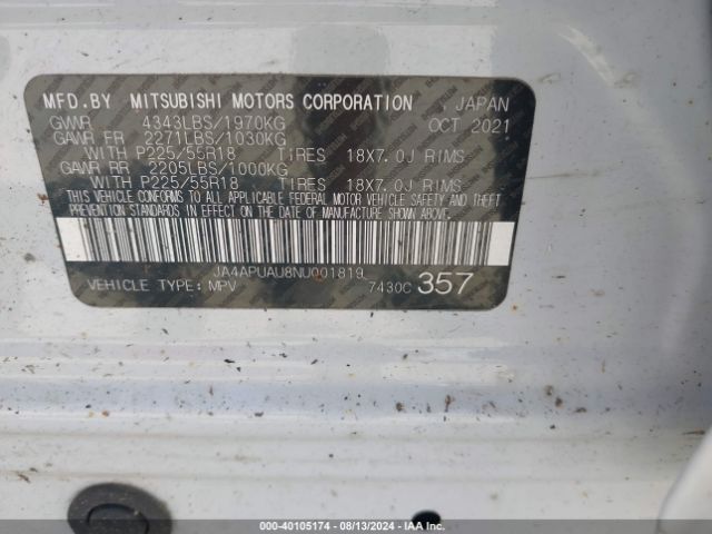 Photo 8 VIN: JA4APUAU8NU001819 - MITSUBISHI OUTLANDER SPORT 