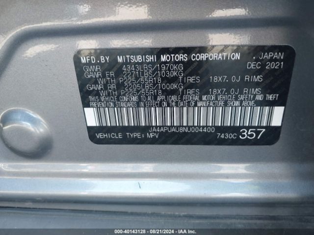 Photo 8 VIN: JA4APUAU8NU004400 - MITSUBISHI OUTLANDER SPORT 