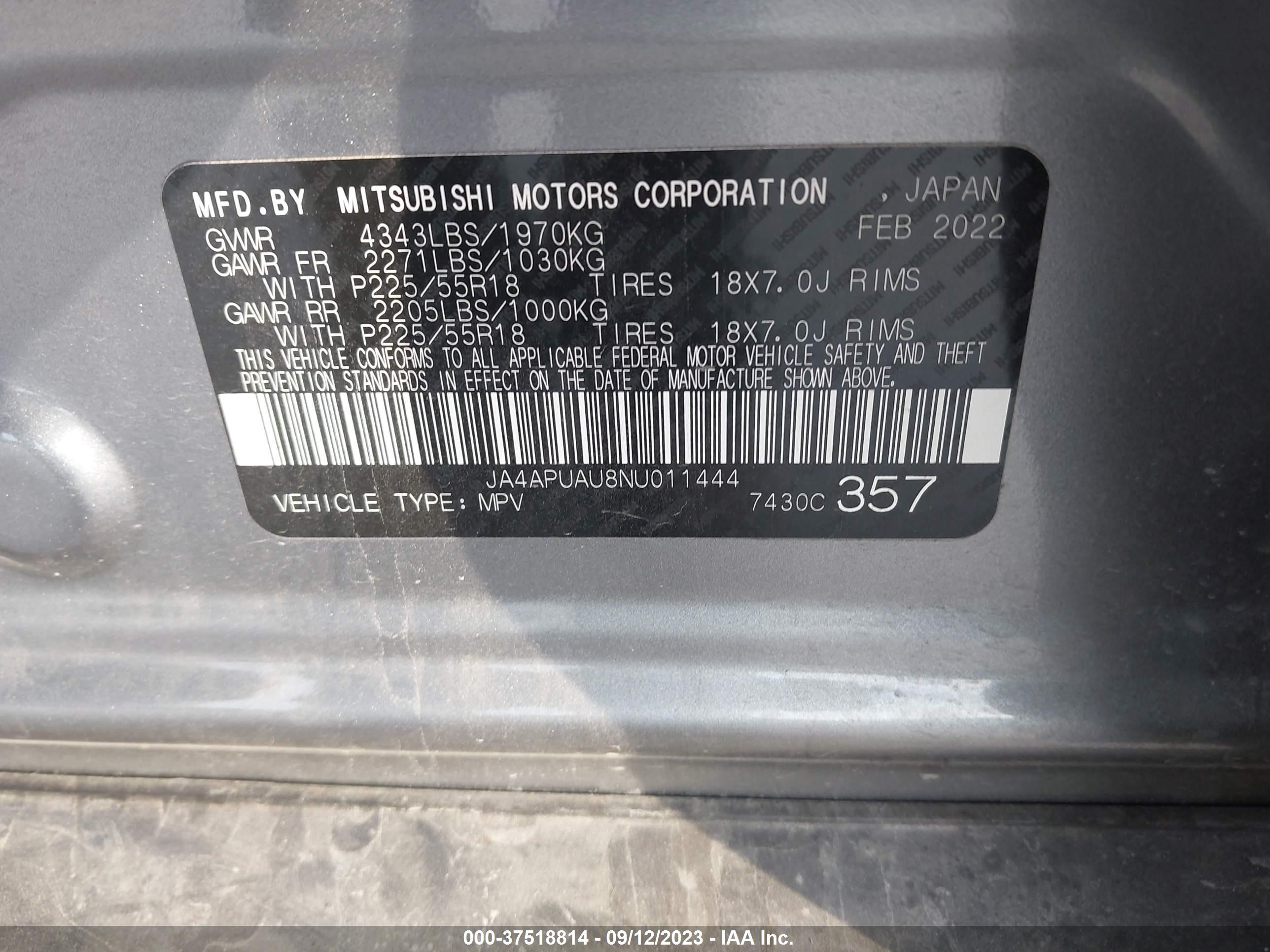 Photo 8 VIN: JA4APUAU8NU011444 - MITSUBISHI OUTLANDER 