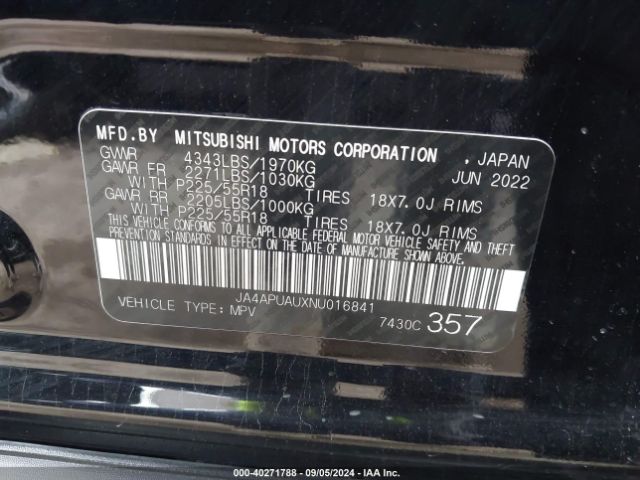 Photo 8 VIN: JA4APUAUXNU016841 - MITSUBISHI OUTLANDER SPORT 