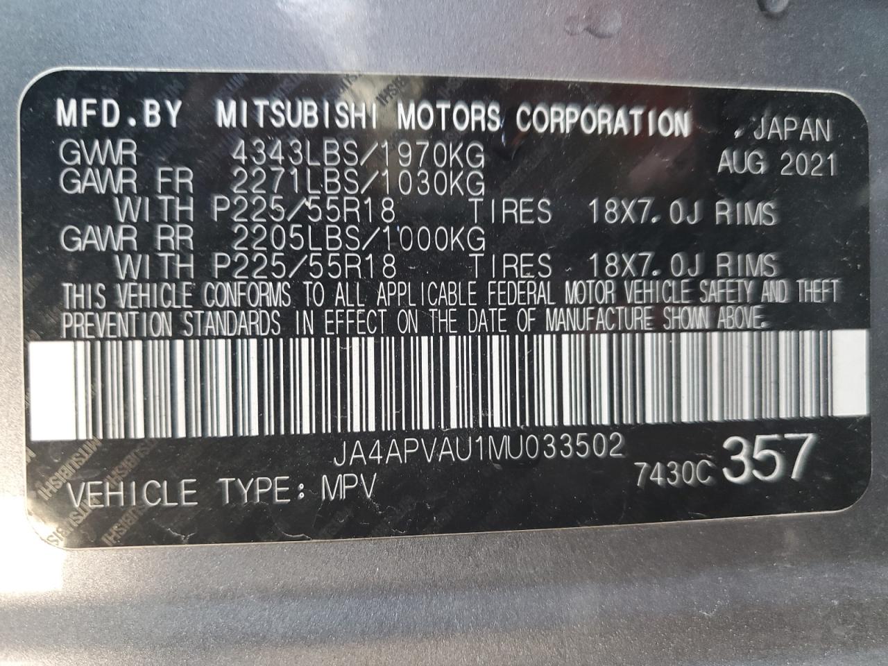 Photo 11 VIN: JA4APVAU1MU033502 - MITSUBISHI OUTLANDER 