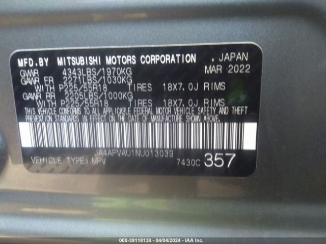 Photo 8 VIN: JA4APVAU1NU013039 - MITSUBISHI OUTLANDER SPORT 