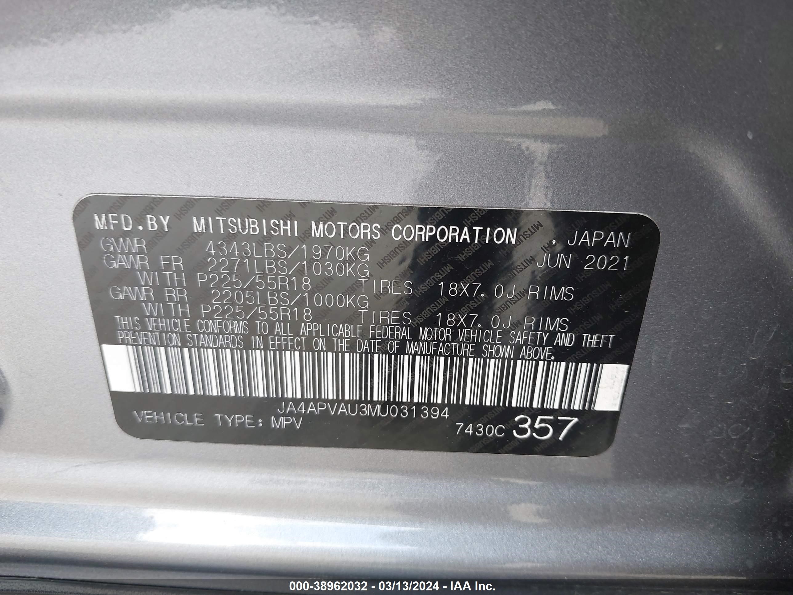 Photo 8 VIN: JA4APVAU3MU031394 - MITSUBISHI OUTLANDER 