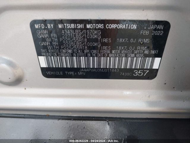 Photo 8 VIN: JA4APVAU3NU011843 - MITSUBISHI OUTLANDER 