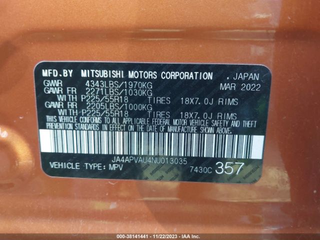 Photo 8 VIN: JA4APVAU4NU013035 - MITSUBISHI OUTLANDER SPORT 