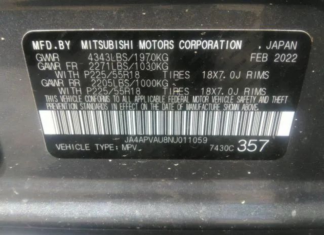 Photo 8 VIN: JA4APVAU8NU011059 - MITSUBISHI OUTLANDER 