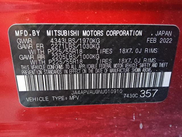 Photo 12 VIN: JA4APVAU9NU010910 - MITSUBISHI OUTLANDER 