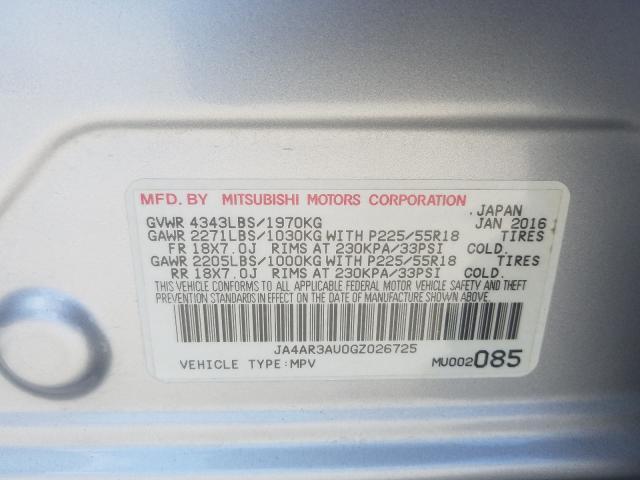 Photo 9 VIN: JA4AR3AU0GZ026725 - MITSUBISHI OUTLANDER 