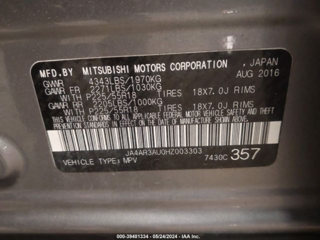 Photo 8 VIN: JA4AR3AU0HZ003303 - MITSUBISHI OUTLANDER SPORT 